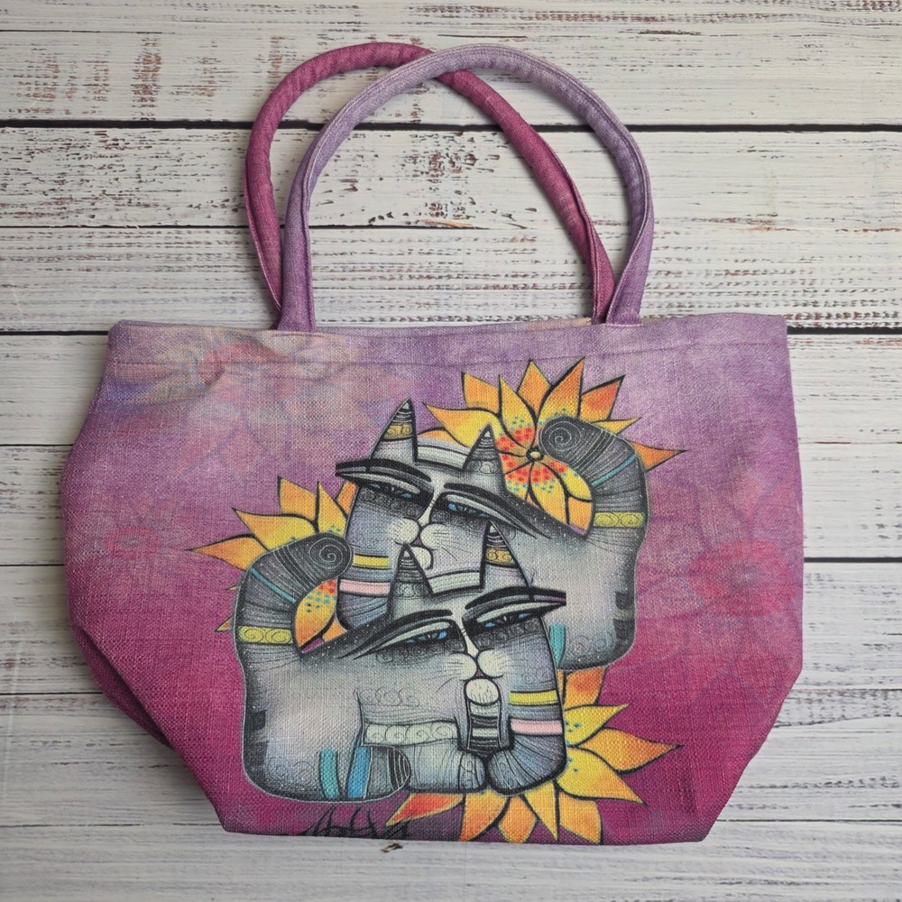 Albena Art‎ Cat Sunflower Tote Bag Purple Pink Zippered Made in USA Handbag